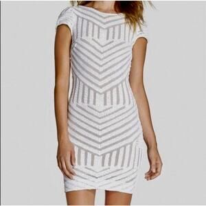 NWT Dress The Population White & Nude Sequin Aztec Print Open Back Cap Sleeve S